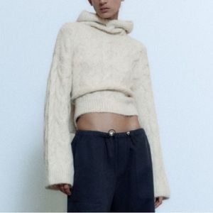 Zara Knit Cable Hooded Sweater Cream